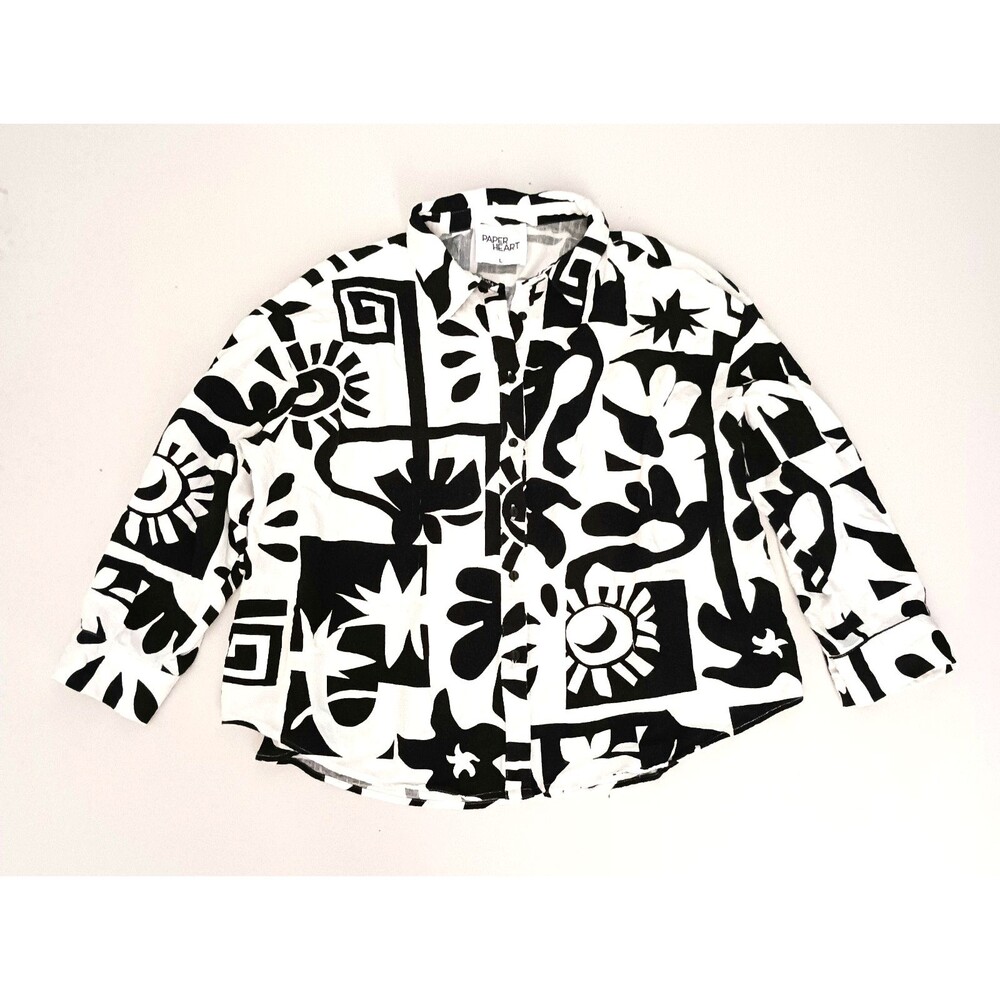 Paper Heart Australia Linen Blend Blouse Blk/White Print Tab Sleeve Sz L